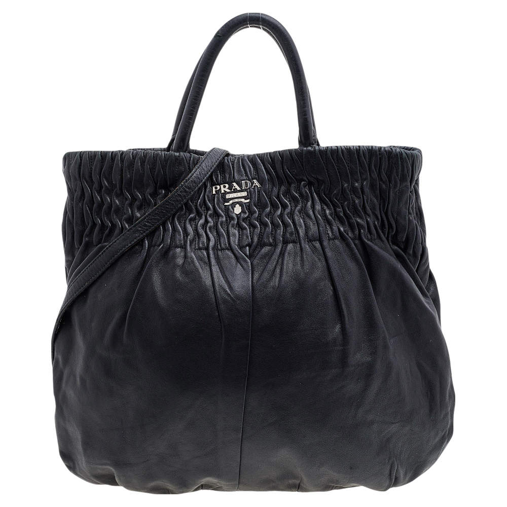 Pre Owned Prada Black Pleated Leather Hobo
