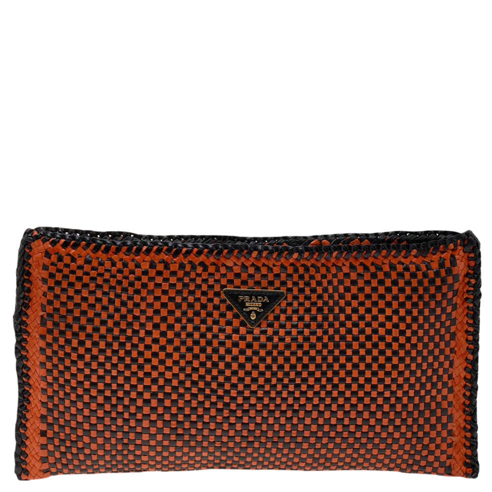 Pre Owned Prada Black/Orange Woven Leather Clutch