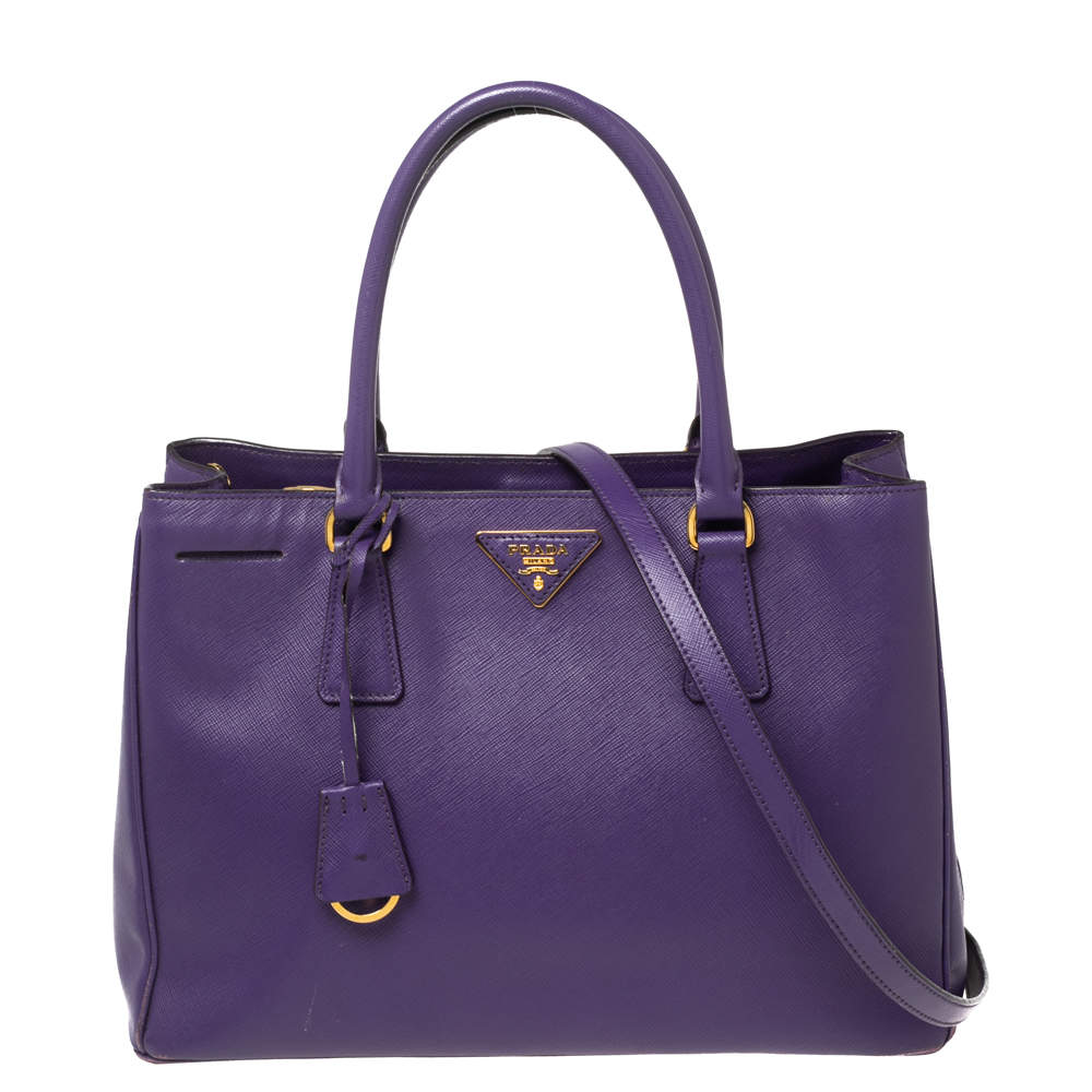 Pre Owned Prada Purple Saffiano Lux Leather Medium Galleria Double Zip Tote