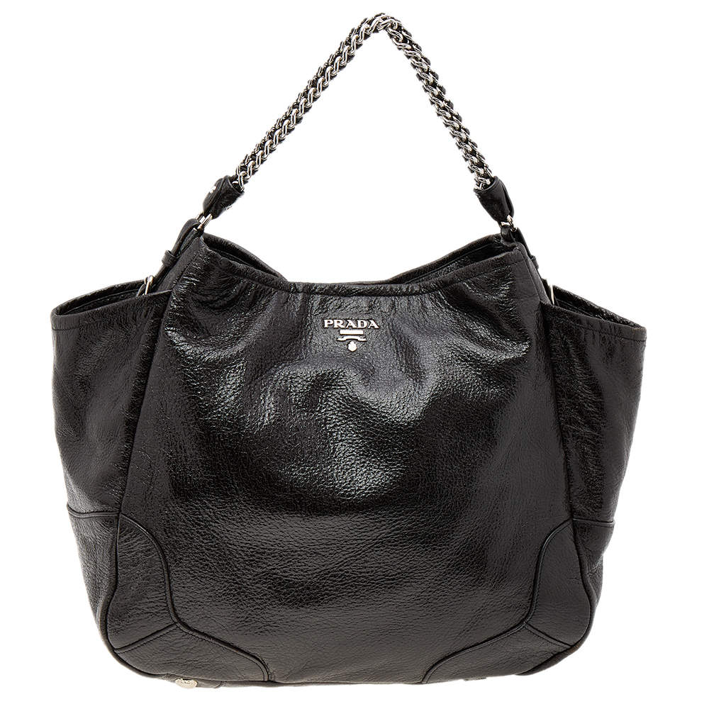 Pre Owned Prada Dark Brown Shiny Leather Lux Chain Cervo Hobo