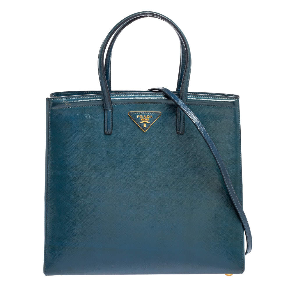 Pre Owned Prada Blue Saffiano Vernice Leather Parabole Tote