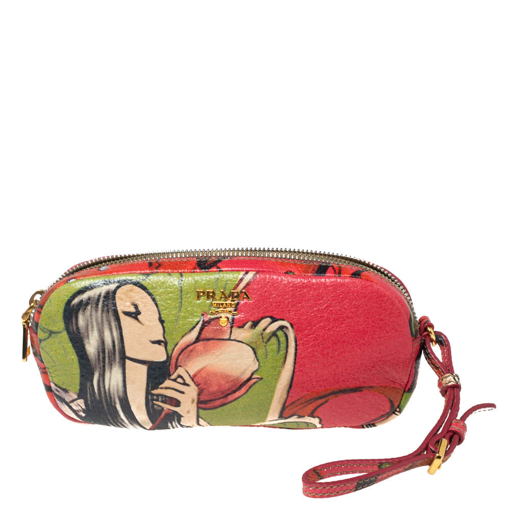 Pre Owned Prada Cervo Lux Print Leather Wristlet