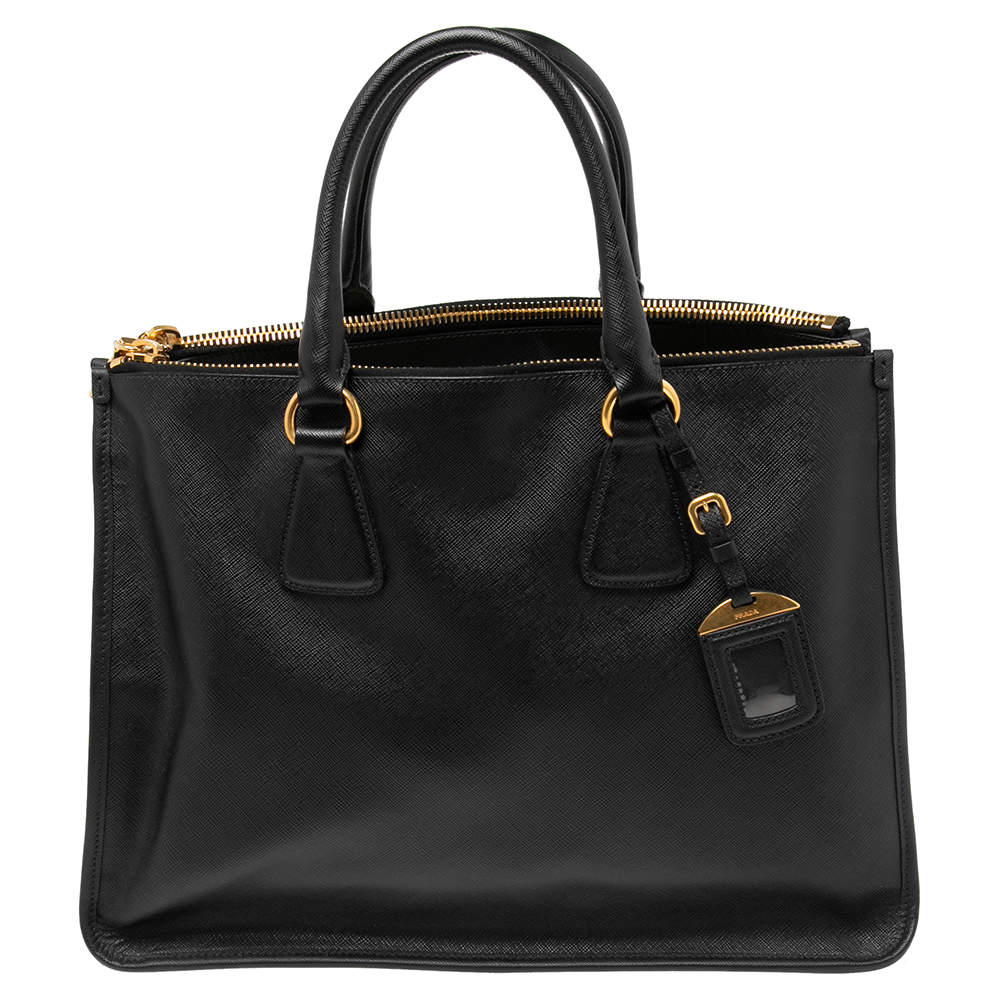 Pre Owned Prada Black Saffiano Lux Leather Double Zip Tote