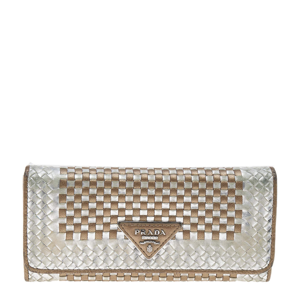 Pre Owned Prada Metallic Gold/Silver Woven Leather Flap Continental Wallet