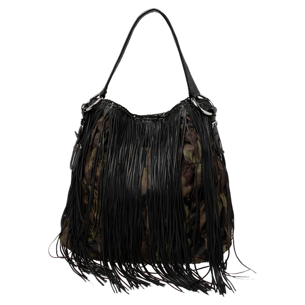 Pre Owned Prada Black/Camo Nylon and Leather Fringe Hobo