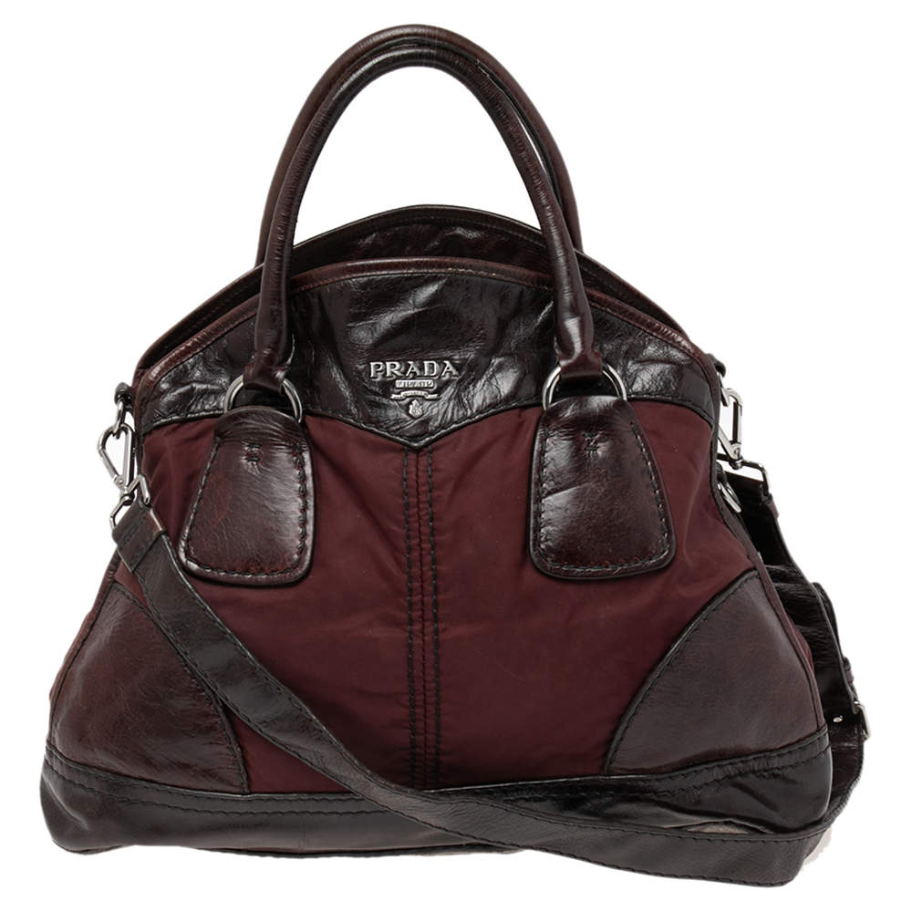 Pre Owned Prada Burgundy Nylon and Leather Bauletto Bowler Bag