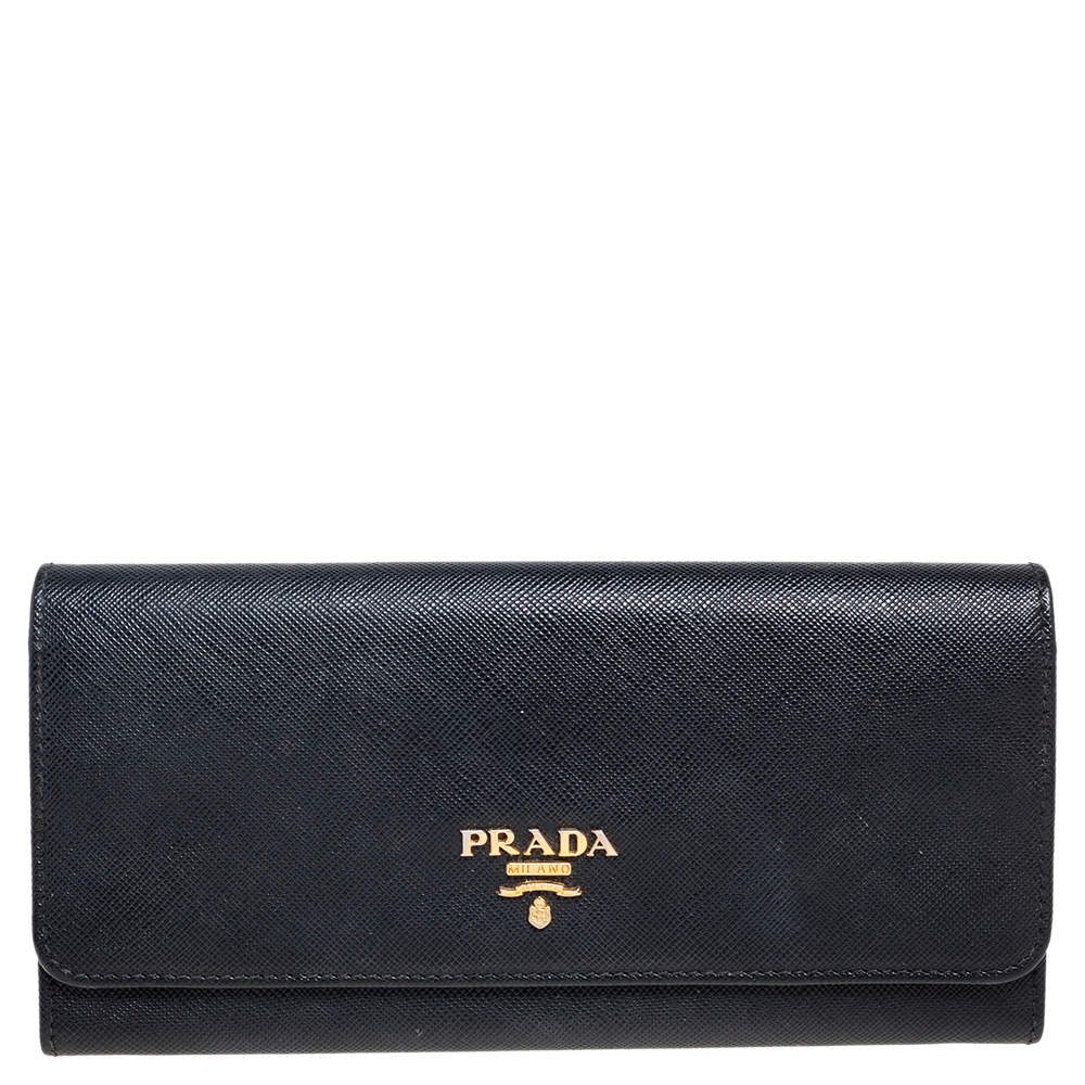 Pre Owned Prada Black Saffiano Lux Leather Flap Continental Wallet