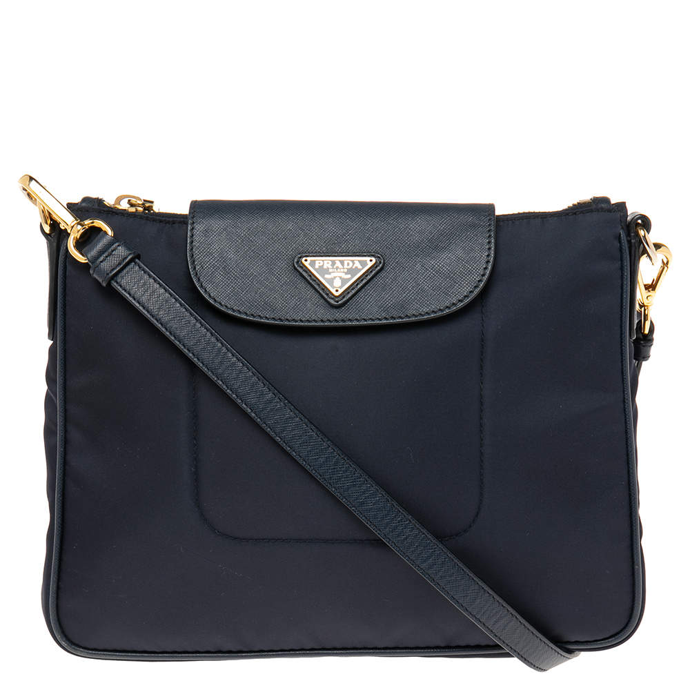 Prada Navy Blue Nylon and Leather Trim Messenger Bag