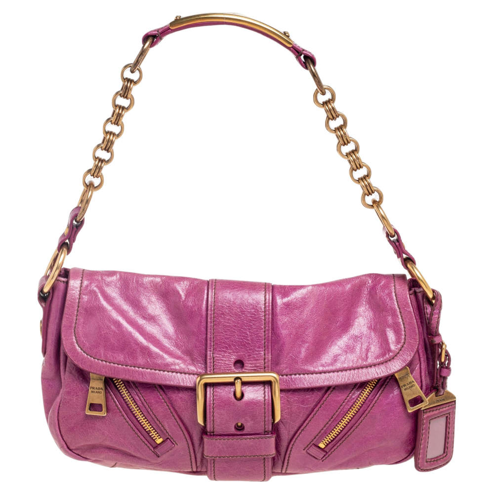 Pre Owned Prada Magenta Leather Buckle Flap Baguette Shoulder Bag