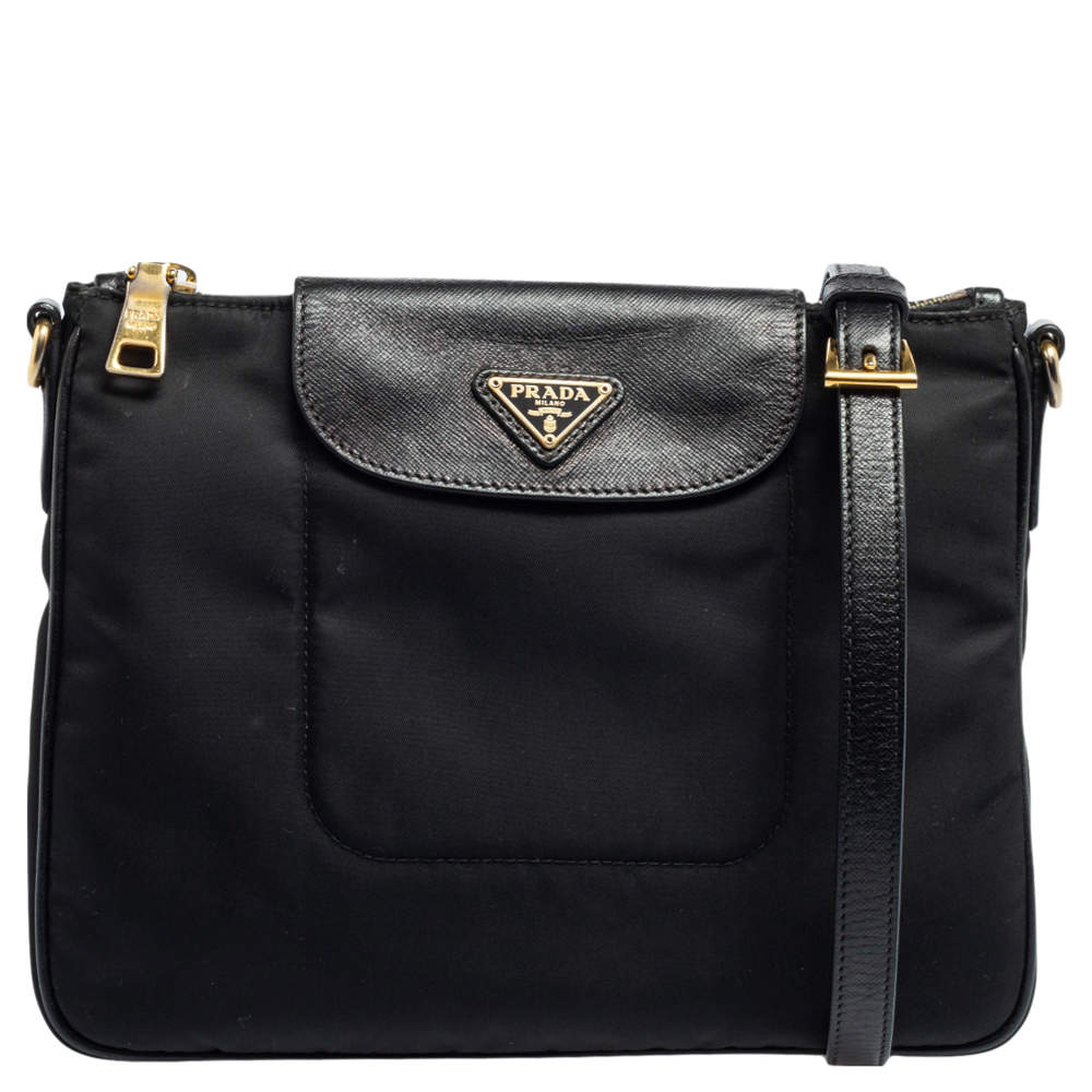 Pre Owned Prada Black Nylon and Leather Trim Messenger Bag
