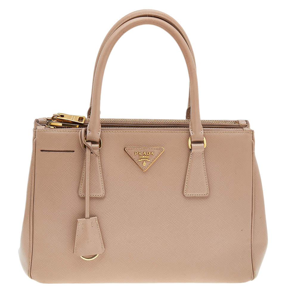 Pre Owned Prada Beige Saffiano Lux Leather Small Galleria Double Zip Tote