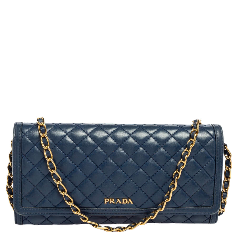 Pre Owned Prada Blue Quilted Leather Wallet on Chain