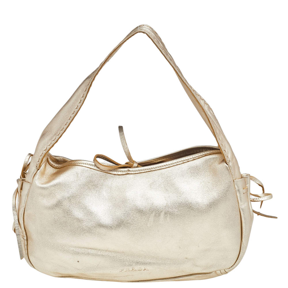 Pre Owned Prada Metallic Gold Leather Baguette Bag