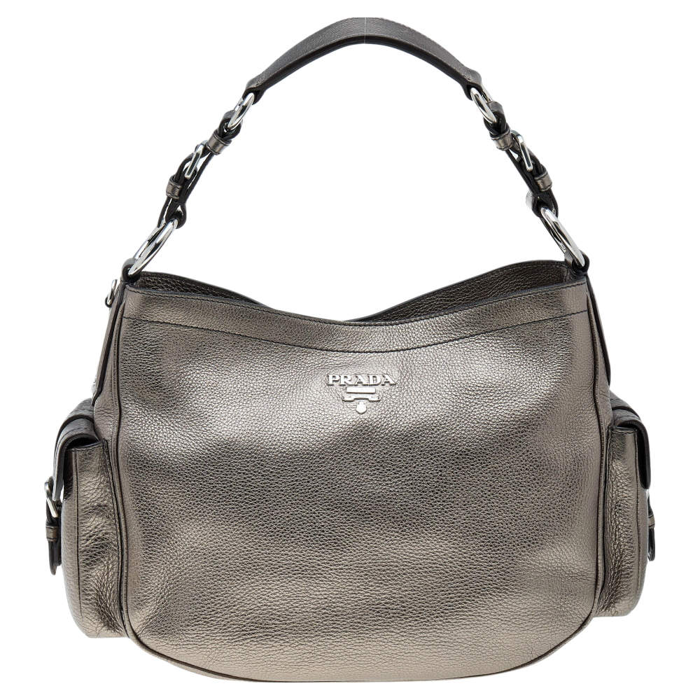 Pre Owned Prada Metallic Vitello Daino Leather Hobo