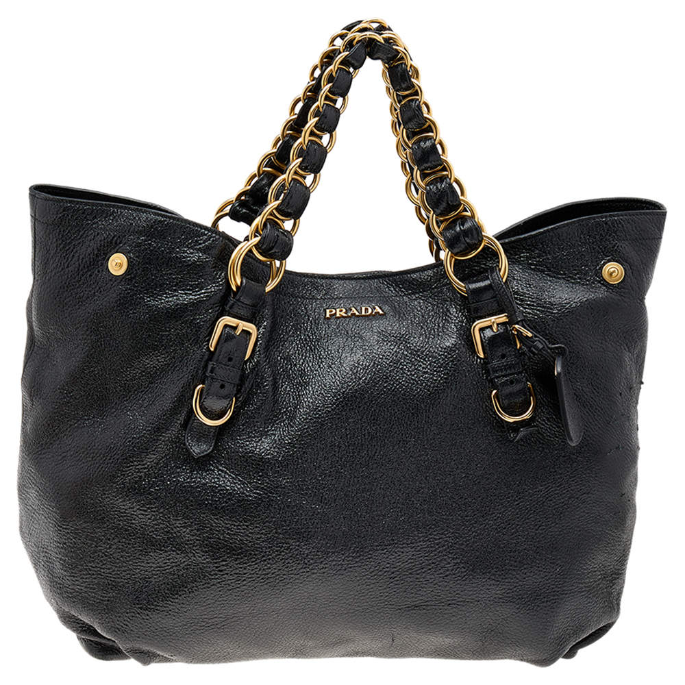 Pre Owned Prada Black Cervo Lux Leather Chain Tote