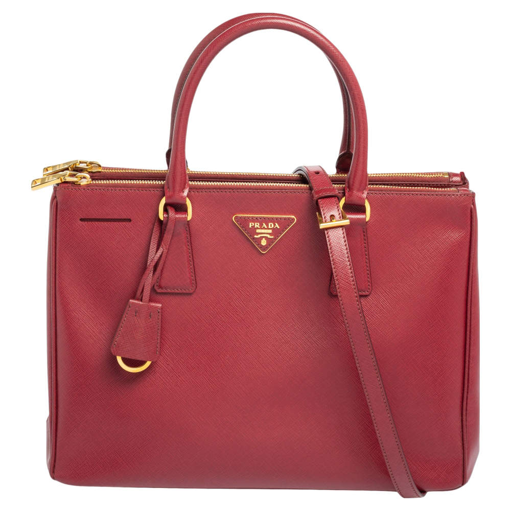 Pre Owned Prada Red Saffiano Lux Leather Medium Double Zip Tote
