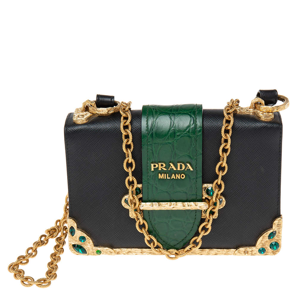 Pre Owned Prada Black/Green Saffiano Leather and Alligator Cahier Shoulder Bag