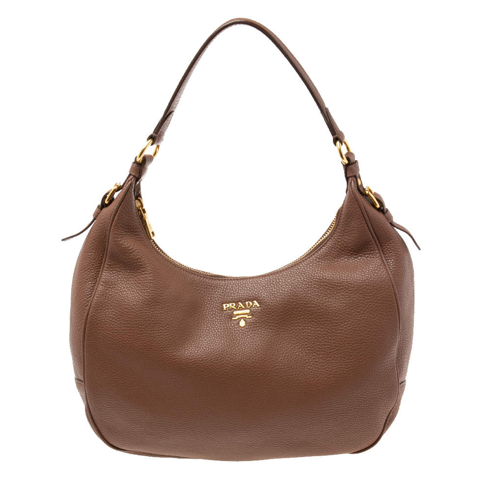 Prada Brown Vitello Daino Leather Logo Hobo Prada | TLC