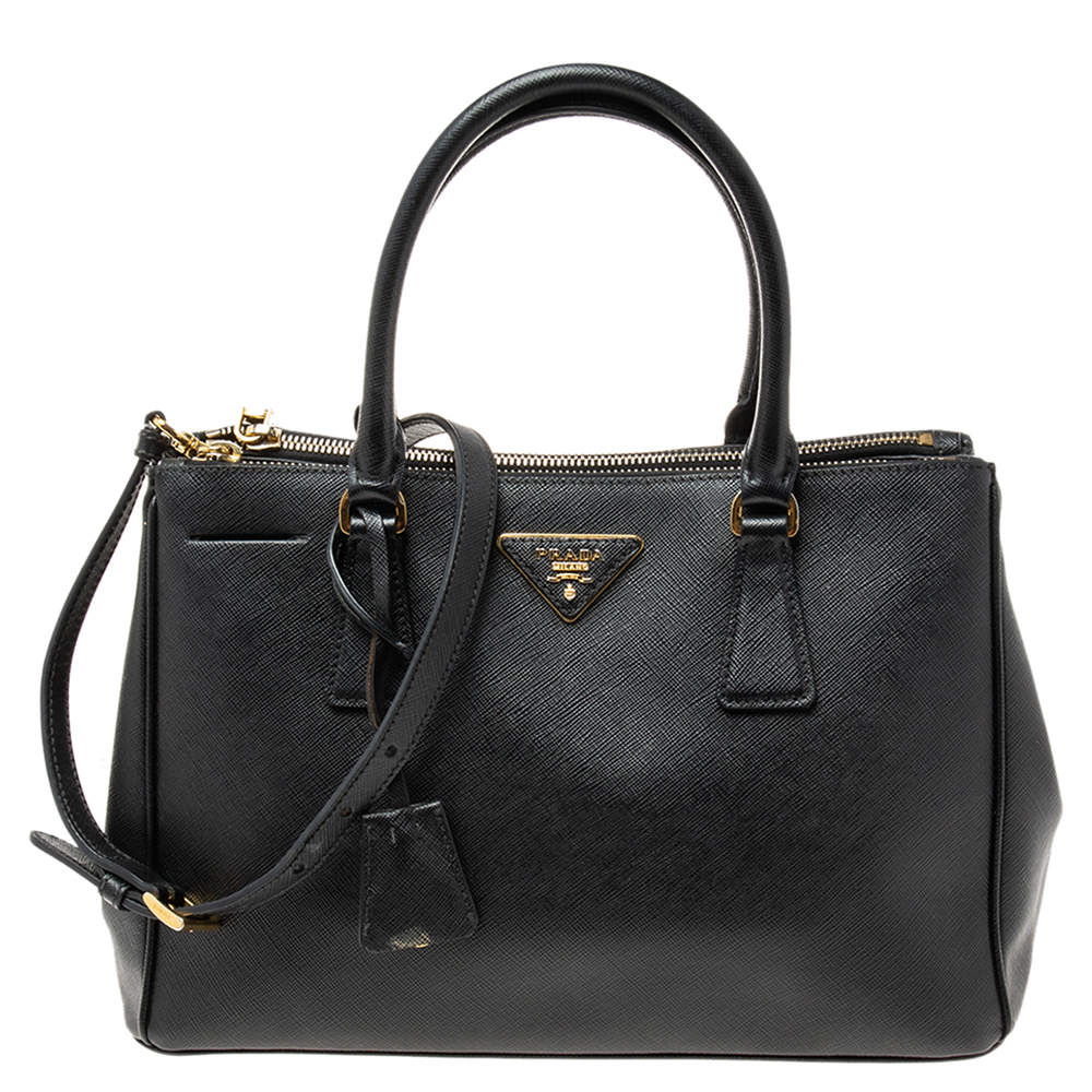 Pre Owned Prada Black Saffiano Lux Leather Small Double Zip Tote