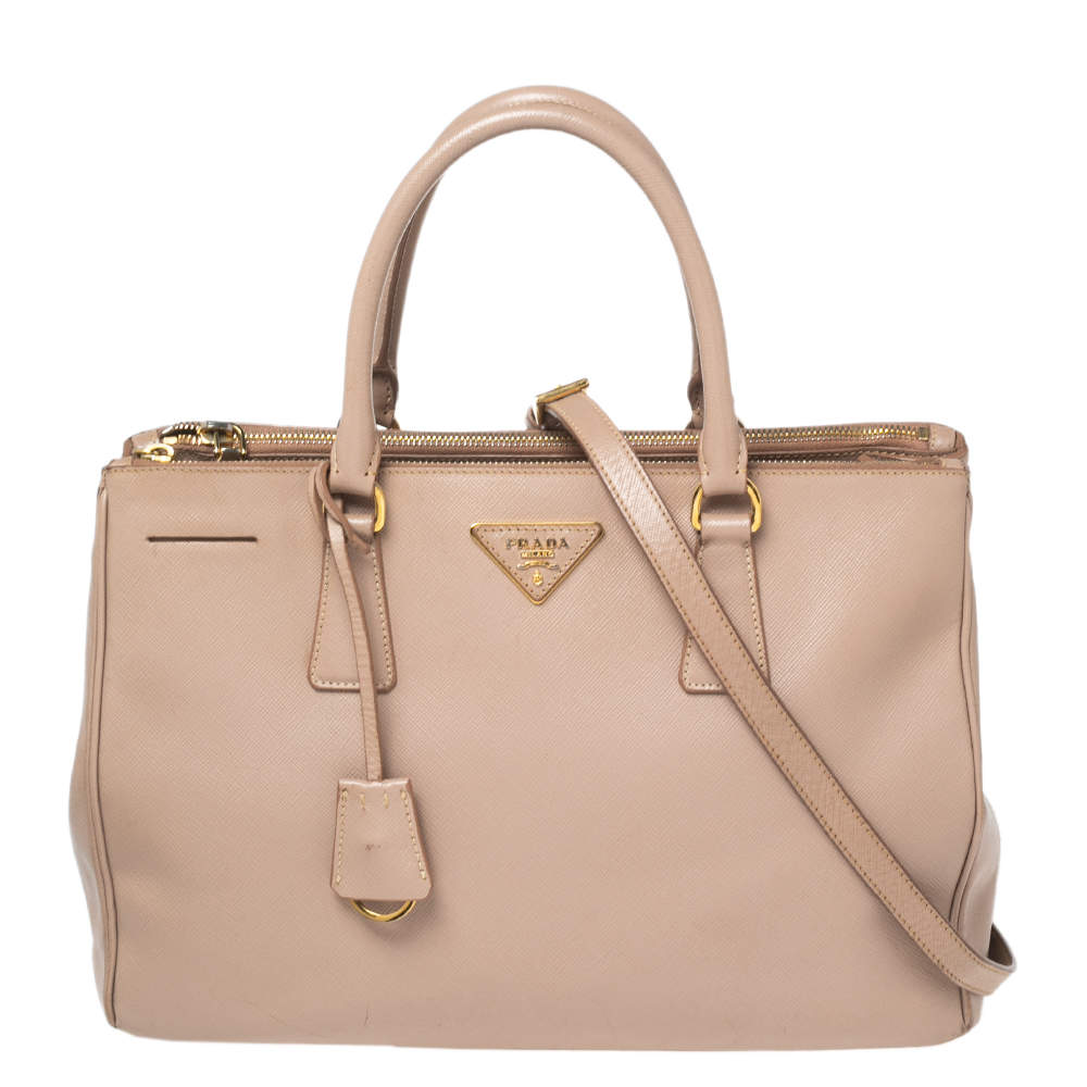 Pre Owned Prada Beige Saffiano Leather Medium Galleria Double Zip Tote