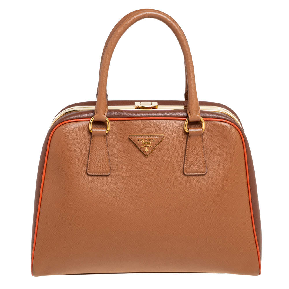 Pre Owned Prada Brown Saffiano Leather Pyramid Frame Satchel
