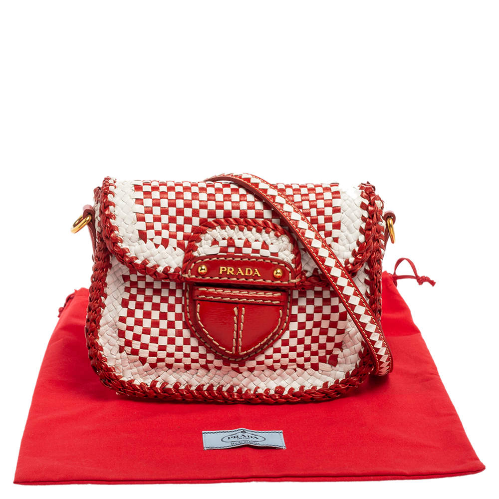 PRADA Red White Check MADRAS Clutch Hand Woven Leather Bag Gold