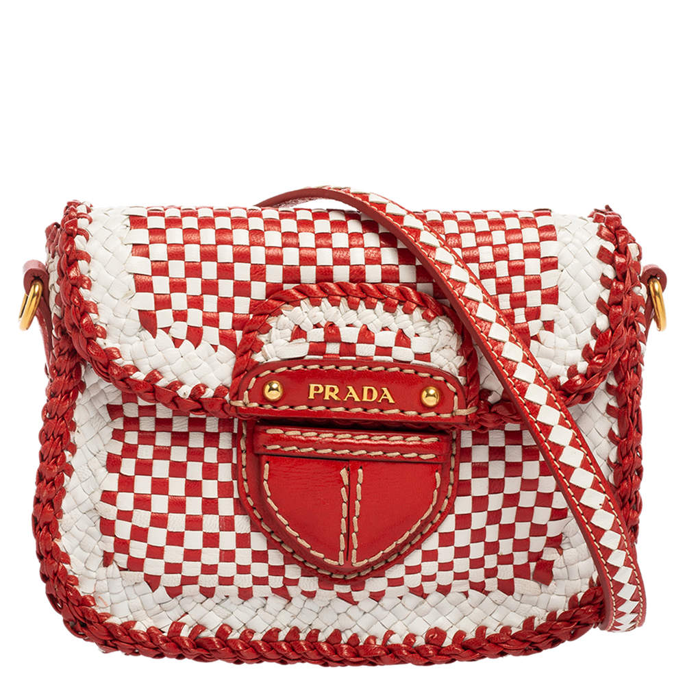 Pre Owned Prada White/Red Leather Madras Crossbody Bag