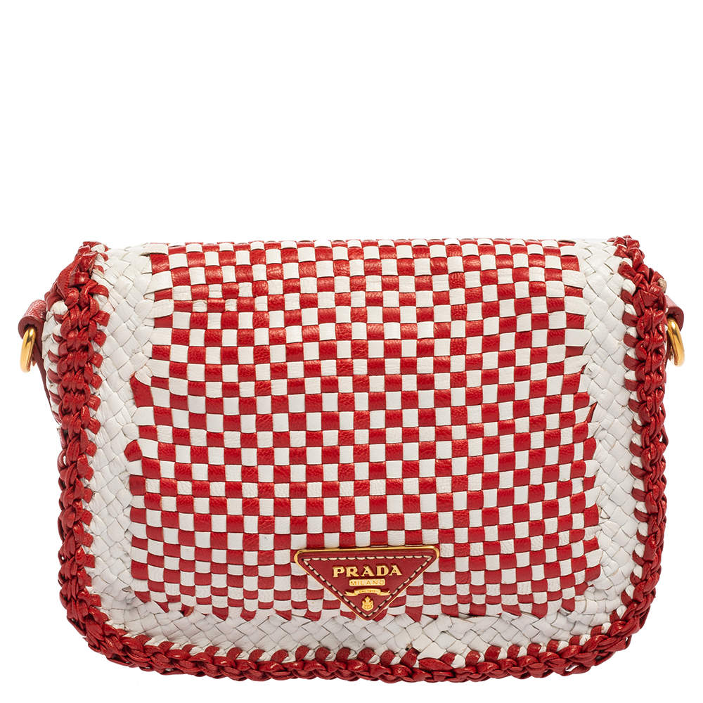 PRADA Red White Check MADRAS Clutch Hand Woven Leather Bag Gold