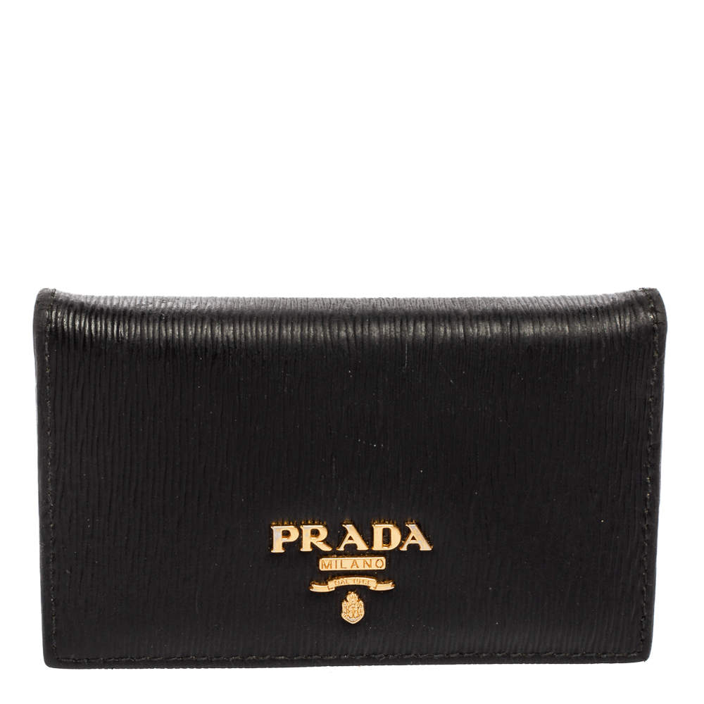 Pre Owned Prada Black Move Leather Logo Flap Card Case