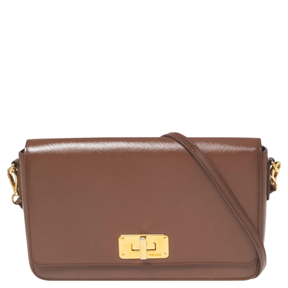 Pre Owned Prada Brown Saffiano Vernice Leather Turnlock Flap Shoulder Bag
