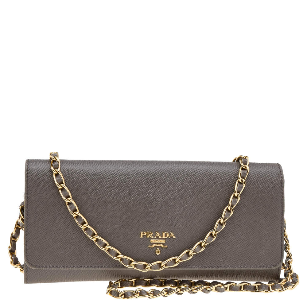 Pre Owned Prada Dark Khaki Saffiano Metal Leather Wallet on Chain