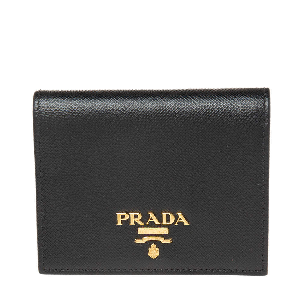 Pre Owned Prada Black Saffiano Lux Leather Logo Flap Compact Wallet