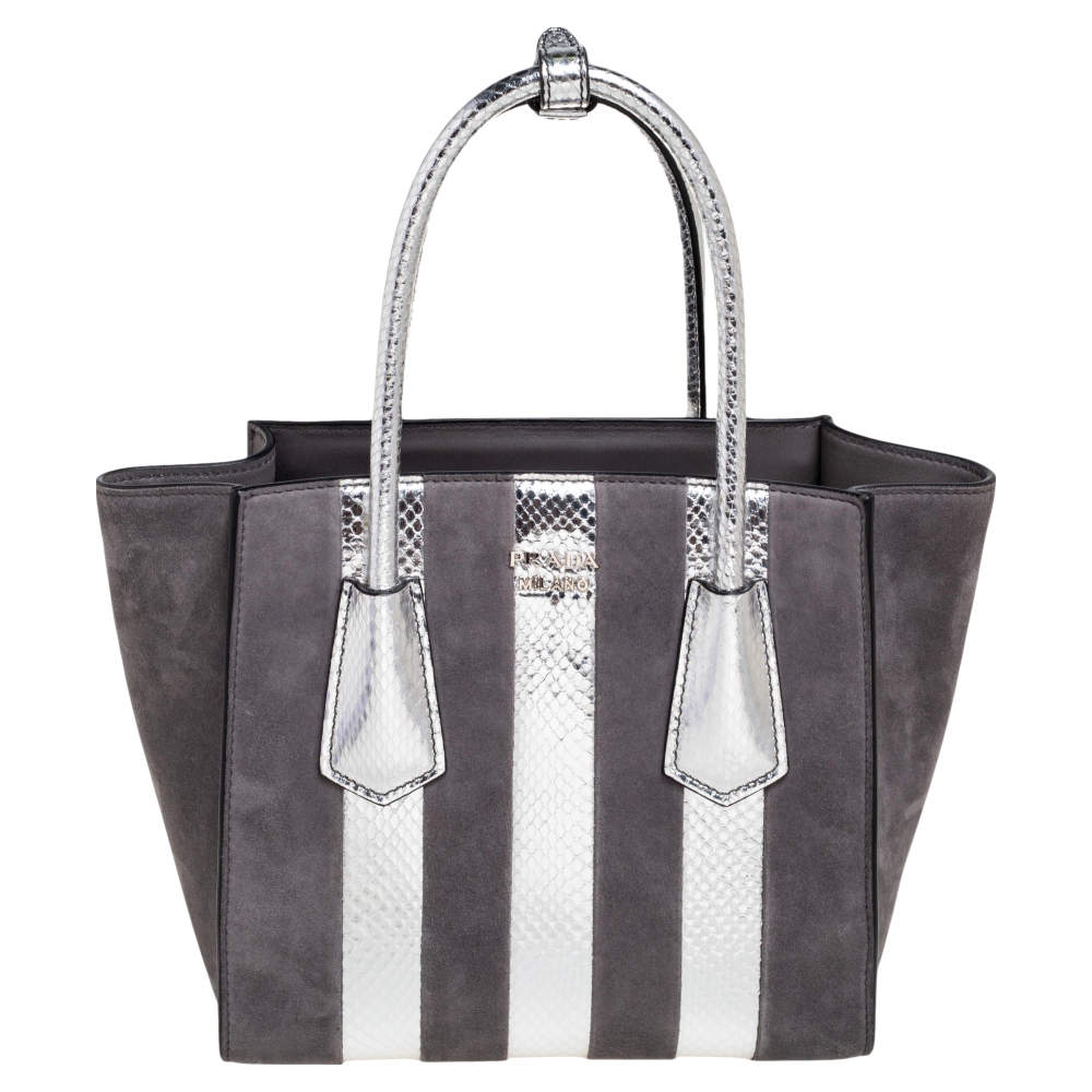 Pre Owned Prada Grey/Silver Suede and Snakeskin Double Handle Tote