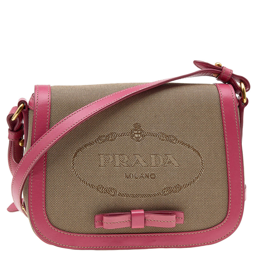 Pre Owned Prada Beige/Pink Canvas and Leather Crossbody Bag