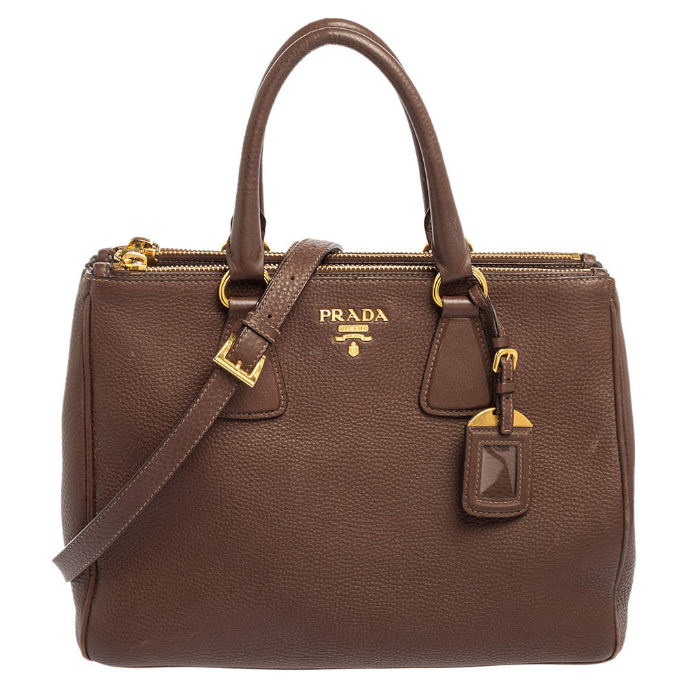 Pre Owned Prada Brown Leather Large Galleria Double Zip Tote