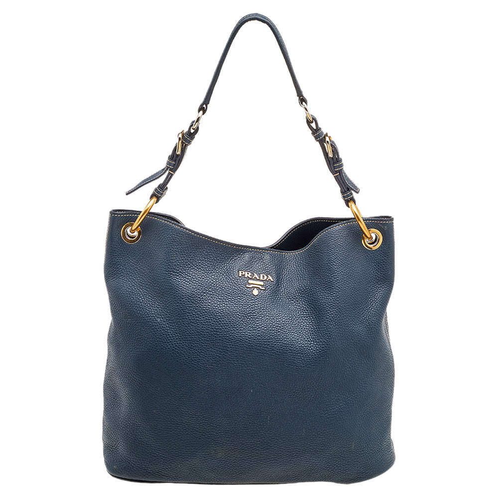 Pre Owned Prada Blue Vitello Daino Leather Cervo Hobo