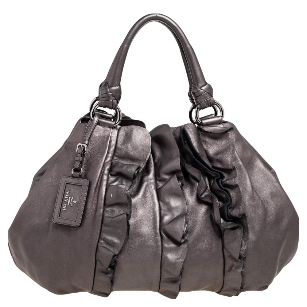 Pre Owned Prada Metallic Grey Ruffled Leather Hobo