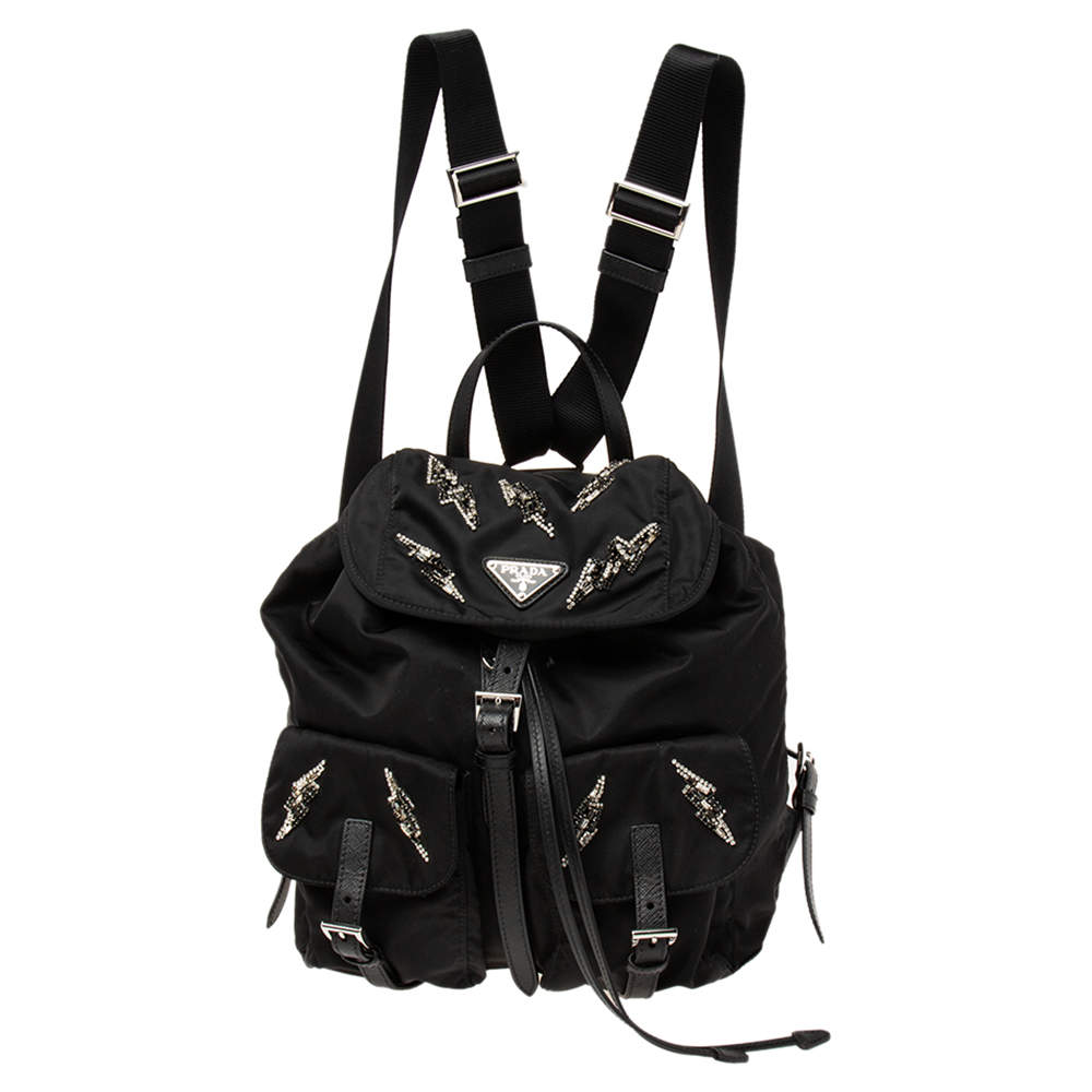 Pre Owned Prada Black Nylon Lightening Bolt Crystals Embellished Backpack