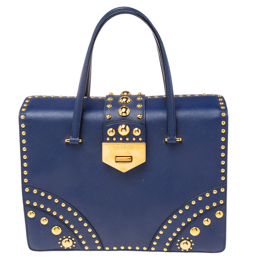 Pre Owned Prada Blue Saffiano Leather Studded Flap Tote