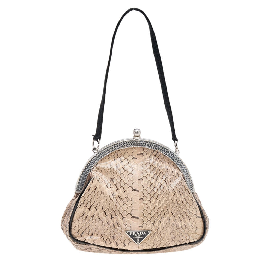 Pre Owned Prada Beige/Silver Python and Lizard Frame Clutch Bag