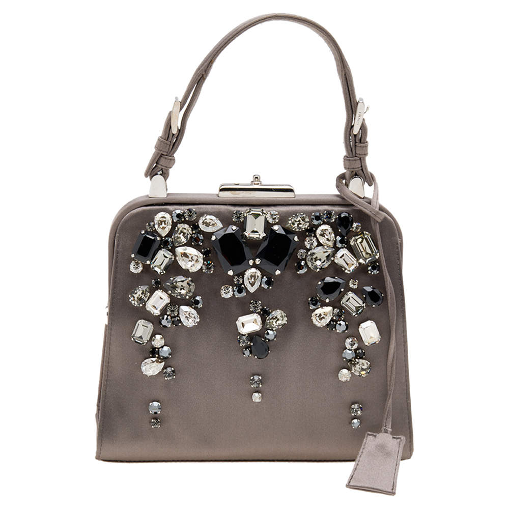 Pre Owned Prada Grey Satin Crystal Embellished Frame Top Handle Bag