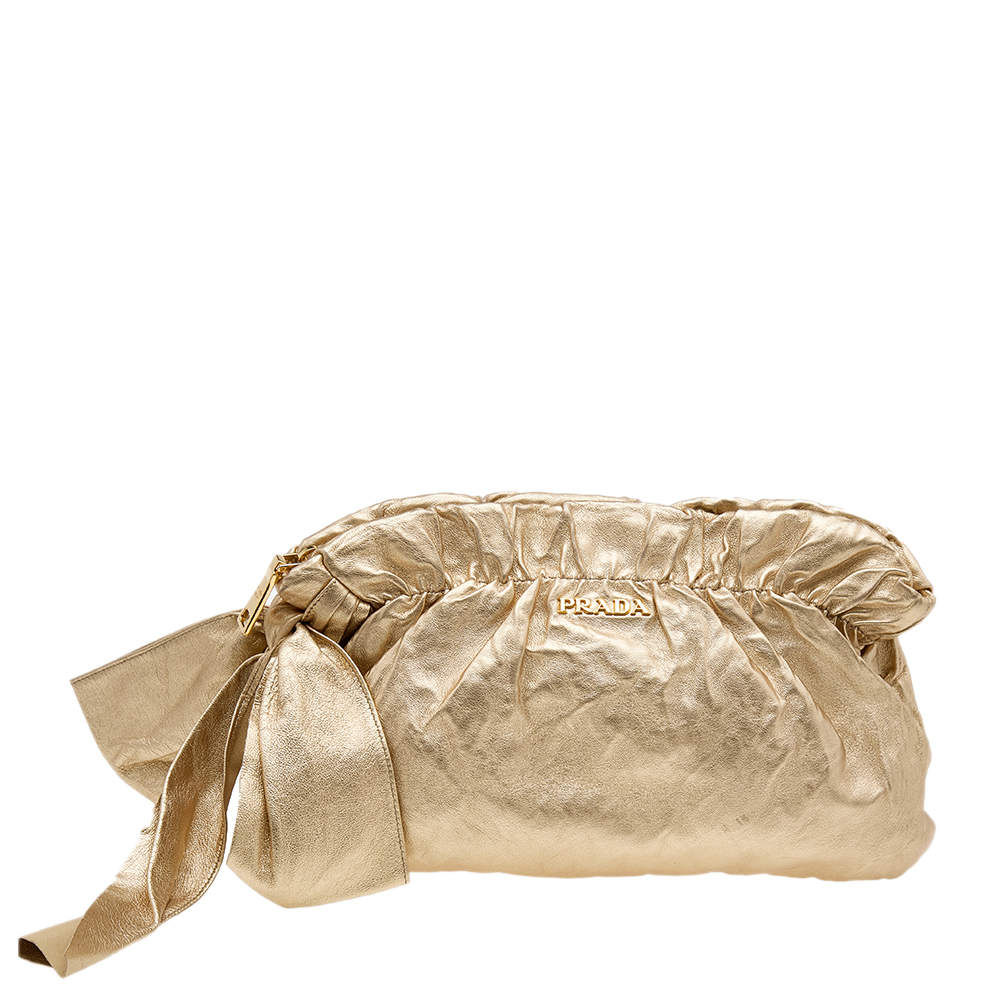 Pre Owned Prada Metallic Gold Gathered Leather Bow Clutch
