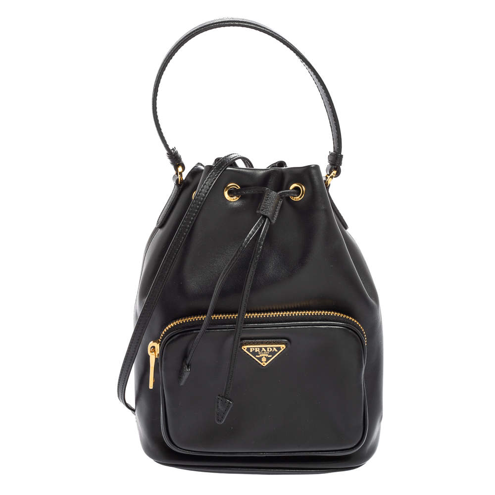 Pre Owned Prada Black Leather Duet Bucket Shoulder Bag 