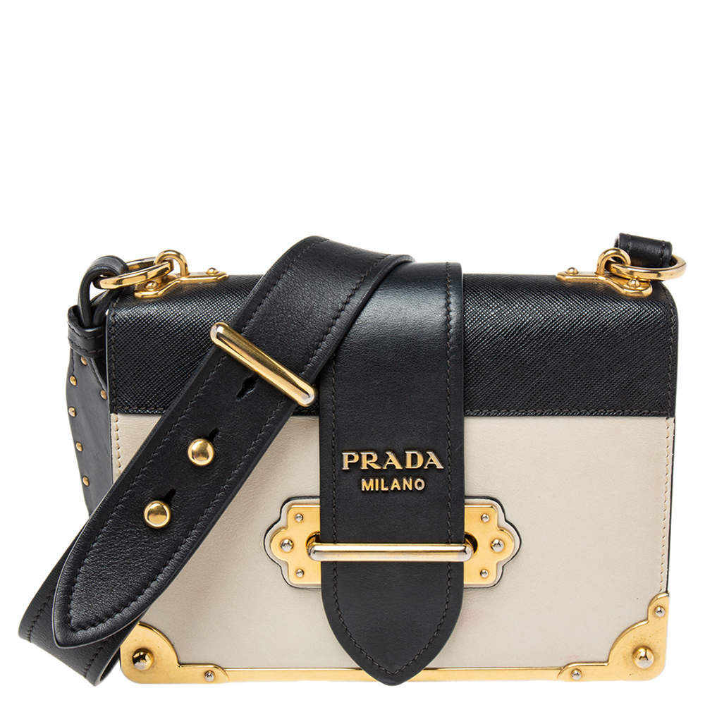 Prada Black/White Saffiano Leather Trim 'Cahier' Crossbody Bag