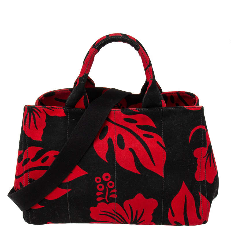 Pre Owned Prada Red/Black Hibiscus Print Canvas Canapa Tote