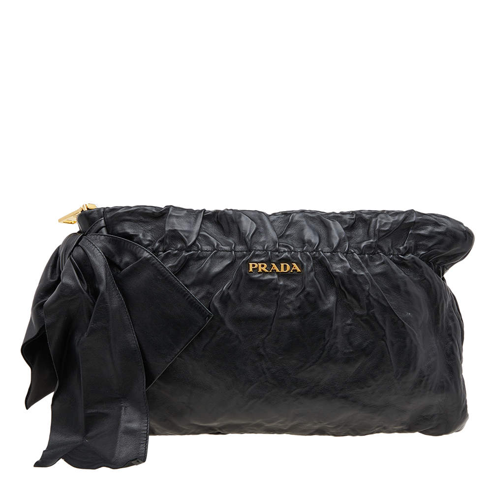 Pre Owned Prada Black Leather Antique Large Bow Zip Clutch