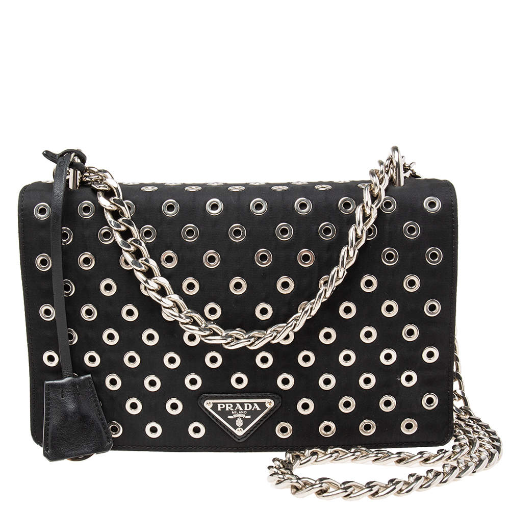 Pre Owned Prada Black Nylon and Leather Grommet Flap Chain Shoulder Bag