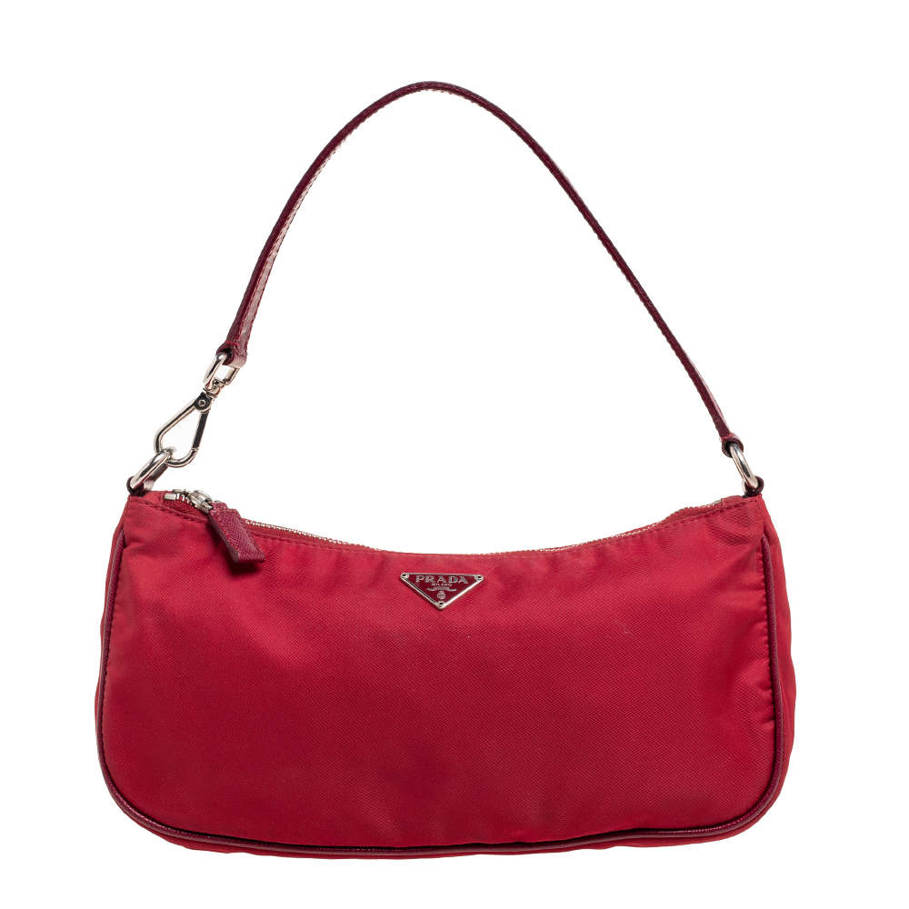Pre Owned Prada Red Nylon Logo Pochette Bag
