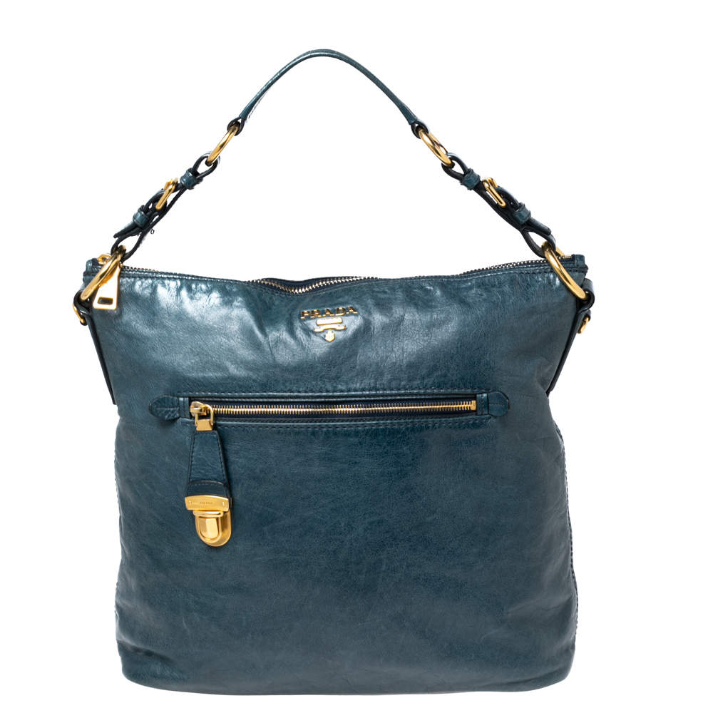 Pre Owned Prada Blue Vitello Shine Leather Tote
