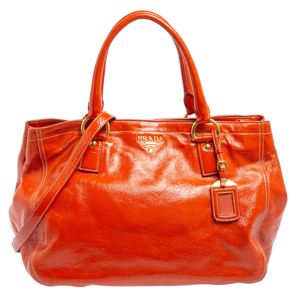Pre Owned Prada Orange Patent Leather Large Shopping Tote